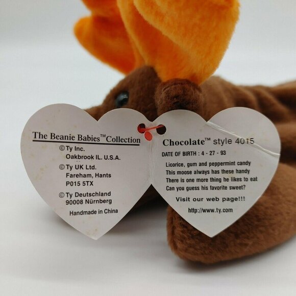Ty Beanie Baby Chocolate The Moose Plush Toy Brown Orange 1993 Vintage with Tag - Picture 9 of 10